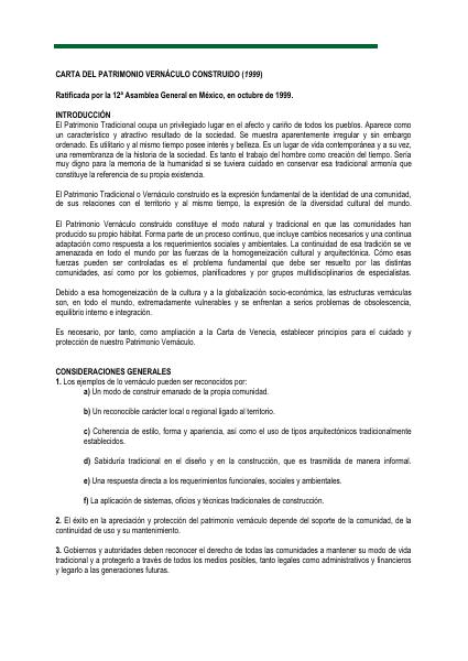 Portada de 1999 CARTA DEL ICOMOS ARQUITECTURA VERNACULAR