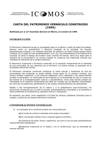 Portada de 1999 CARTA DEL PATRIMONIO VERNÁCULO CONSTRUIDO