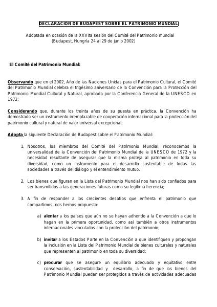 Portada de 2002 DECLARACION DE BUDAPEST SOBRE EL PATRIMONIO MUNDIAL