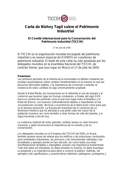 Portada de 2003 CARTA DE NIZHNY TAGIL PATRIMONIO INDUSTRIAL