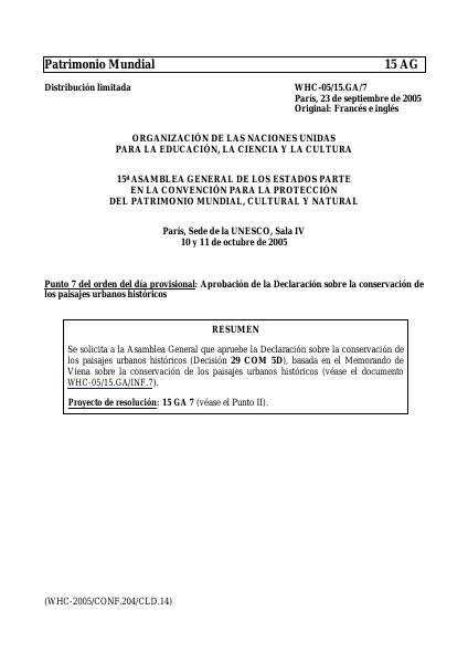 Portada de 2005 DECLARACIÓN SOBRE LOS PAISAJES URBANOS HISTÓRICOS