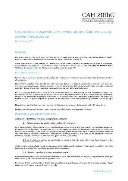 Portada de 2011 CRITERIOS DE CONSERVACIÓN DEL PATRIMONIO ARQUITECTÓNICO DEL SIGLO XX, MADRID