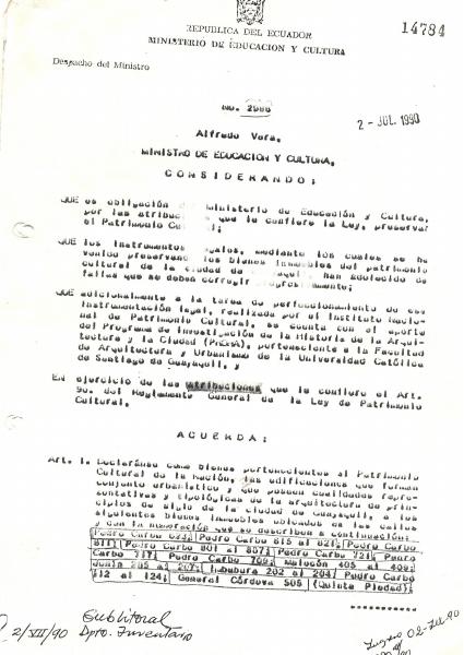 Portada de 3 ACUERDO Min 2986 GUAYAQUIL VII 2 1990