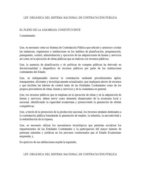 Portada de LEY ORGÁNICA DEL SISTEMA NACIONAL DE CONTRATACIÓN PÚBLICA