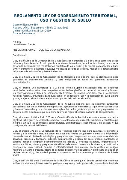 Portada de REGLAMENTO A LA LEY ORGANICA DE ORDENAMIENTO TERRITORIAL, USO Y GESTION DEL SUELO
