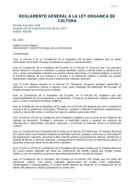 Portada de REGLAMENTO GENERAL A LA LEY ORGANICA DE CULTURA Julio 2017
